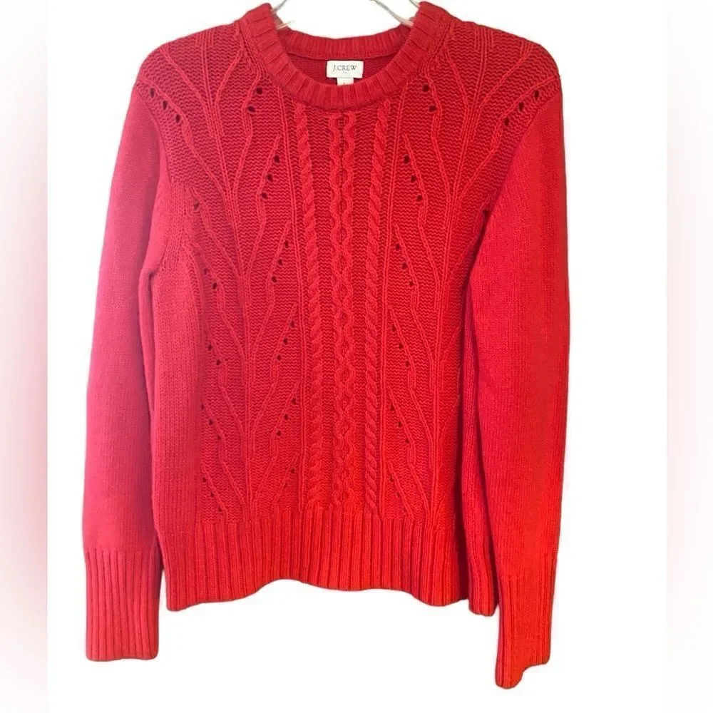 J. Crew Sz L Red Classic Crew Neck Chunky Knit Long Sleeve Preppy Winter Sweater